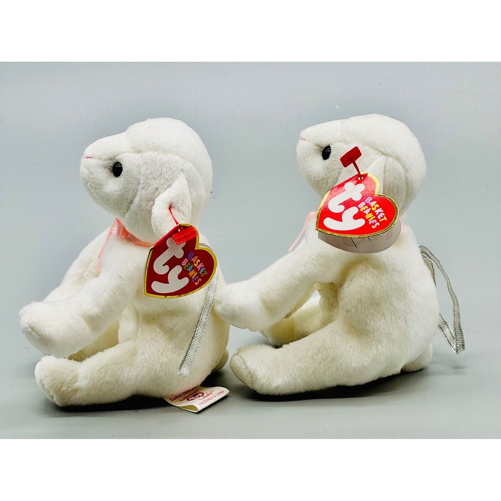 Ty Basket Beanies‎ Lullaby Lamb Plush Easter White Pink Ribbon 2003 Set of 2 - Picture 5 of 8